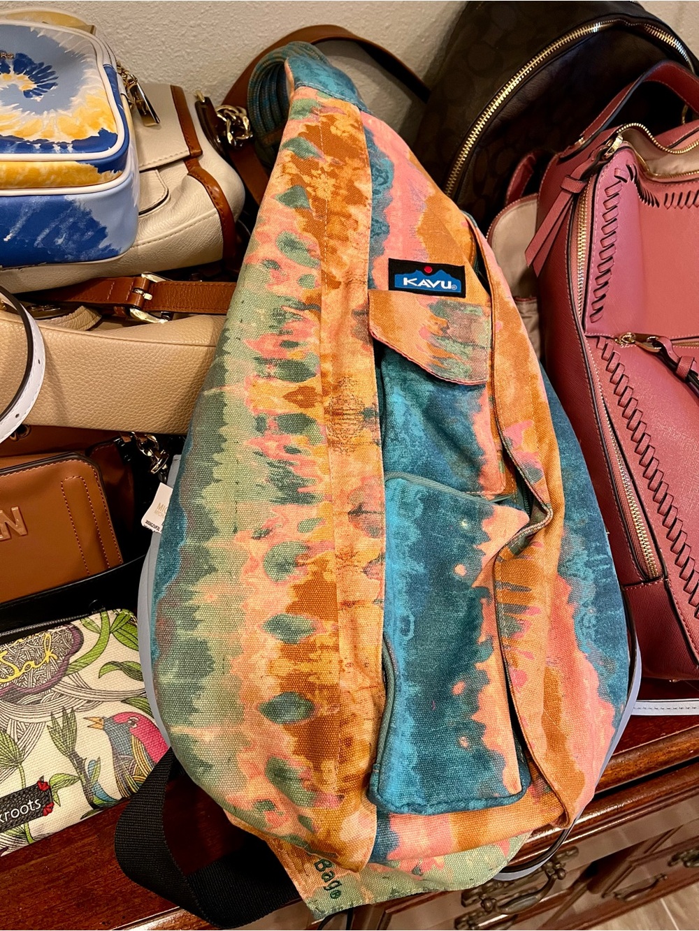 Kavu Teal, Orange & Pink Rope Sling Bag